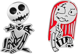 Disney Nightmare Before Christmas Jewelry, Jack Pumpkin King and Sally Mismatched Stud Earrings, Sterling Silver, Enamel