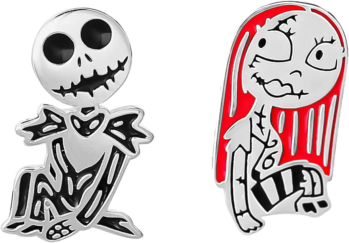 Disney Nightmare Before Christmas Jewelry, Jack Pumpkin King and Sally Mismatched Stud Earrings, Sterling Silver, Enamel