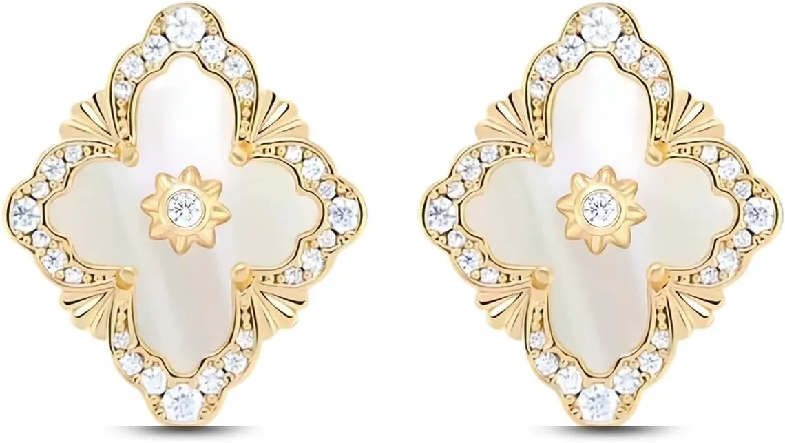 DISTANT DRUMS Gold Clover Jewelry for Women, Double-Sided Pendant by 18K Gold-plated with Gemstone inlaid Shell Pearl Pendant Necklace,Bracelet,Earrings,Gold Jewelry Set for Women