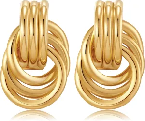 Double Hoop Gold Earrings for Women CZ Paperclip Drop Dangle Earrings, Sterling Silver Posts Studs for Women Trendy Designer Jewelry