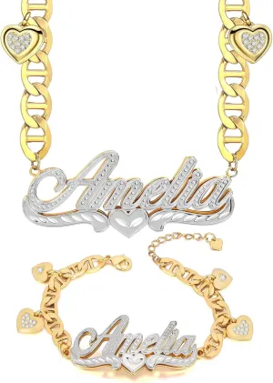 Double Plated Name Necklace Personalized Name Bracelet with Heart Jewelry Set 18K Gold-Plated Custom Name Necklace for Women as a Gift