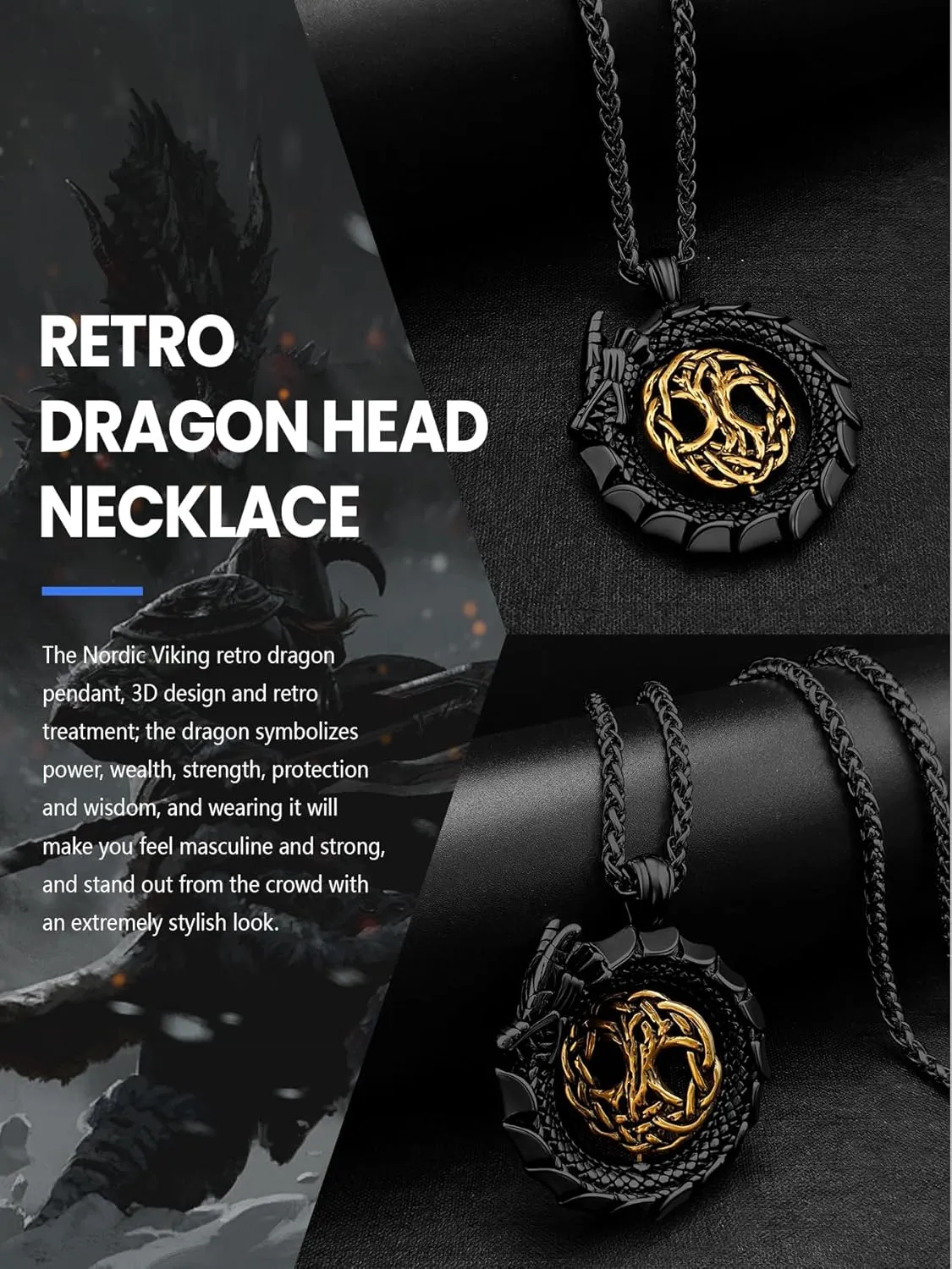 Dragon Necklace 18K Gold Plated/Black Metal/Stainless Steel Norse Viking Dragon Pendant Necklace, Retro Viking Jewelry Gift for Men and Women with Gift Box