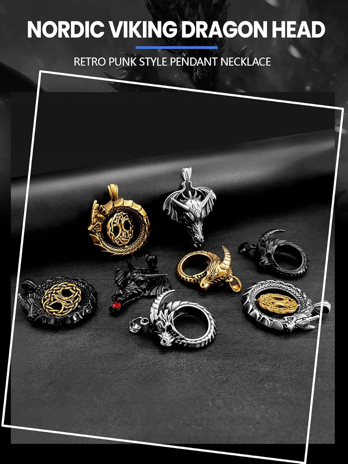 Dragon Necklace 18K Gold Plated/Black Metal/Stainless Steel Norse Viking Dragon Pendant Necklace, Retro Viking Jewelry Gift for Men and Women with Gift Box