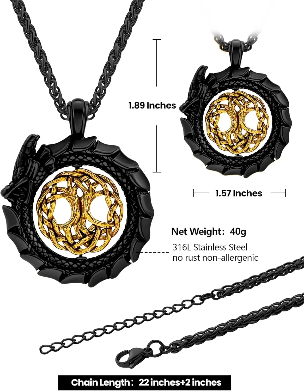 Dragon Necklace 18K Gold Plated/Black Metal/Stainless Steel Norse Viking Dragon Pendant Necklace, Retro Viking Jewelry Gift for Men and Women with Gift Box