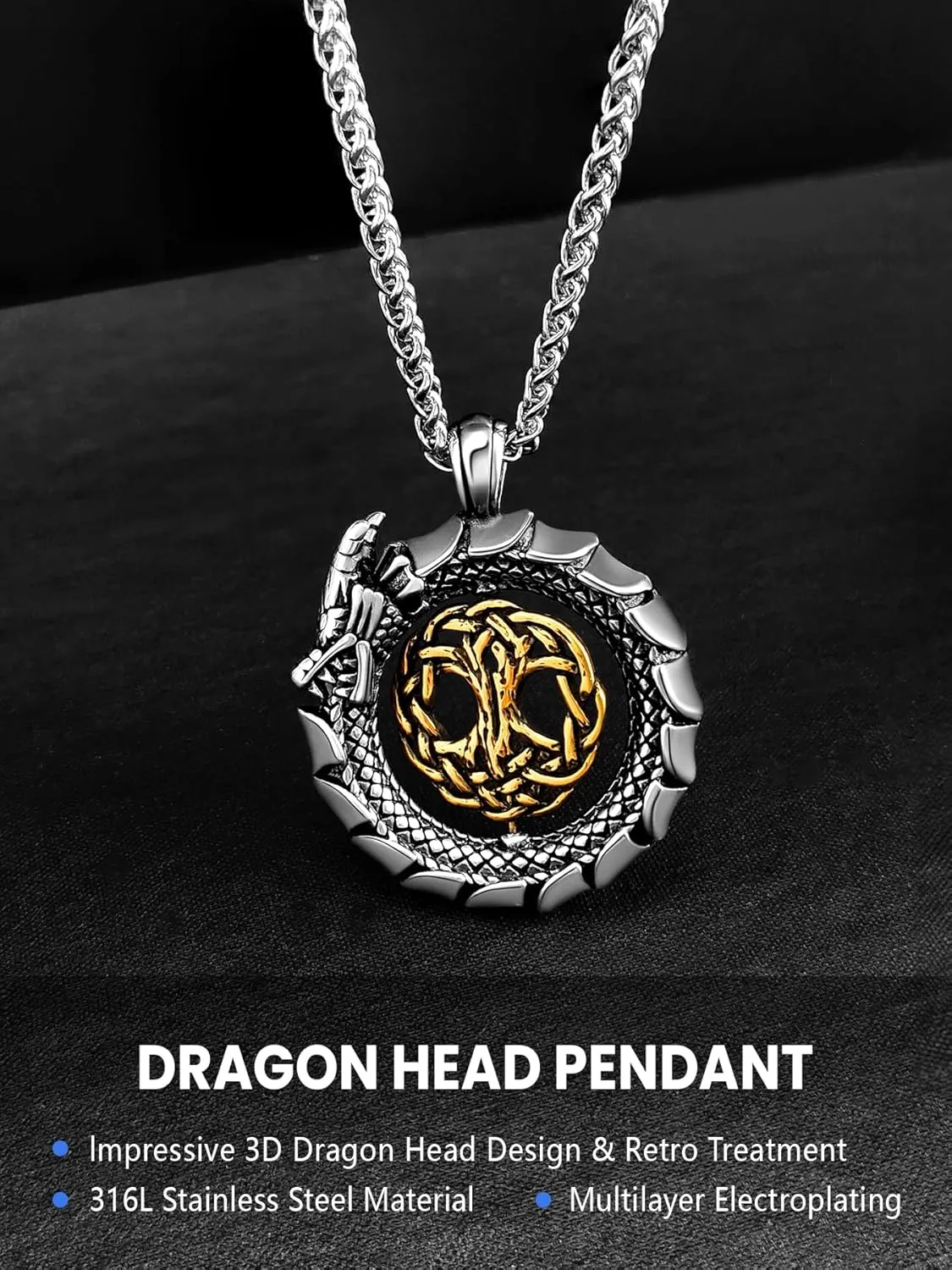 Dragon Necklace 18K Gold Plated/Black Metal/Stainless Steel Norse Viking Dragon Pendant Necklace, Retro Viking Jewelry Gift for Men and Women with Gift Box