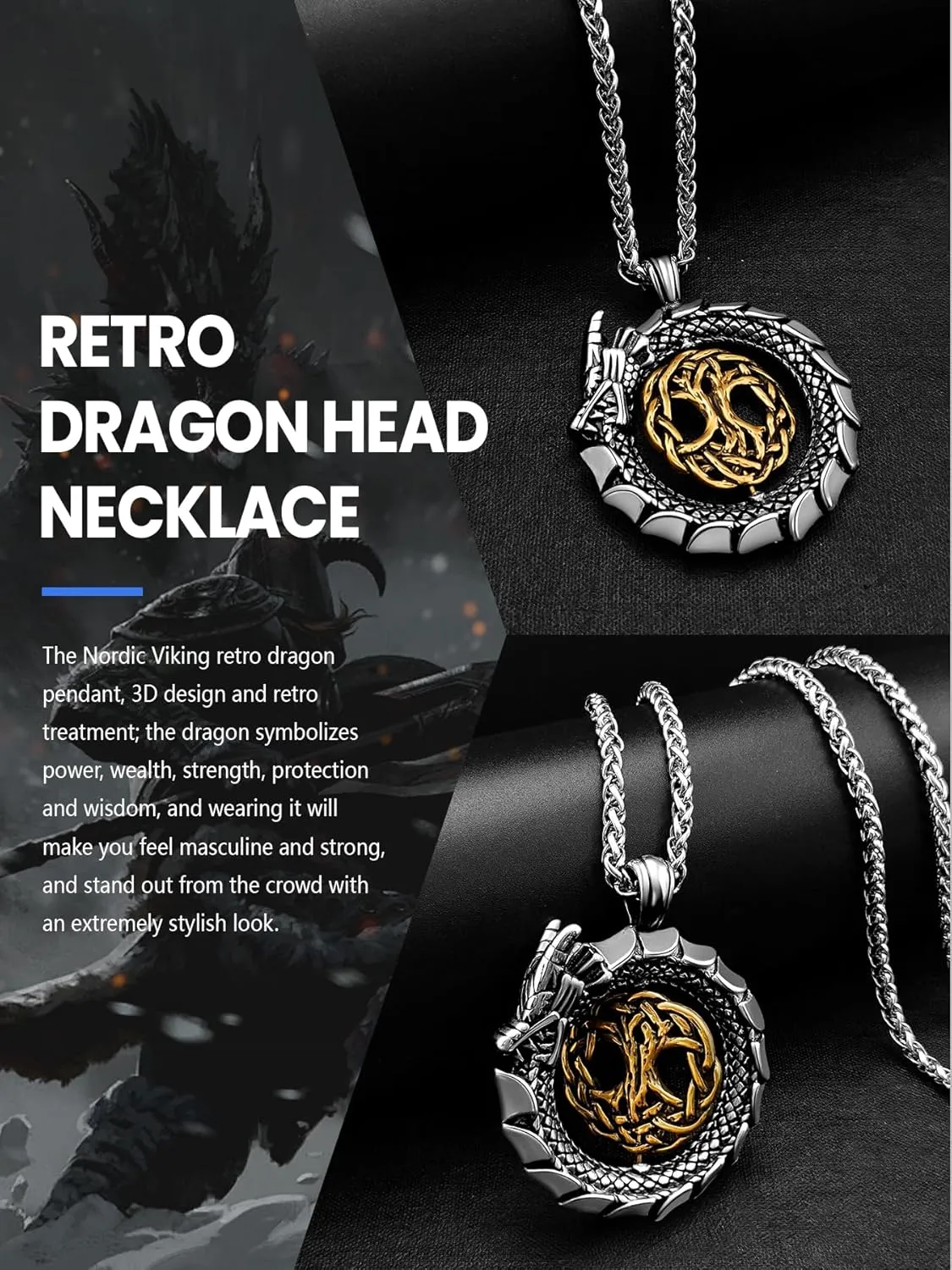 Dragon Necklace 18K Gold Plated/Black Metal/Stainless Steel Norse Viking Dragon Pendant Necklace, Retro Viking Jewelry Gift for Men and Women with Gift Box