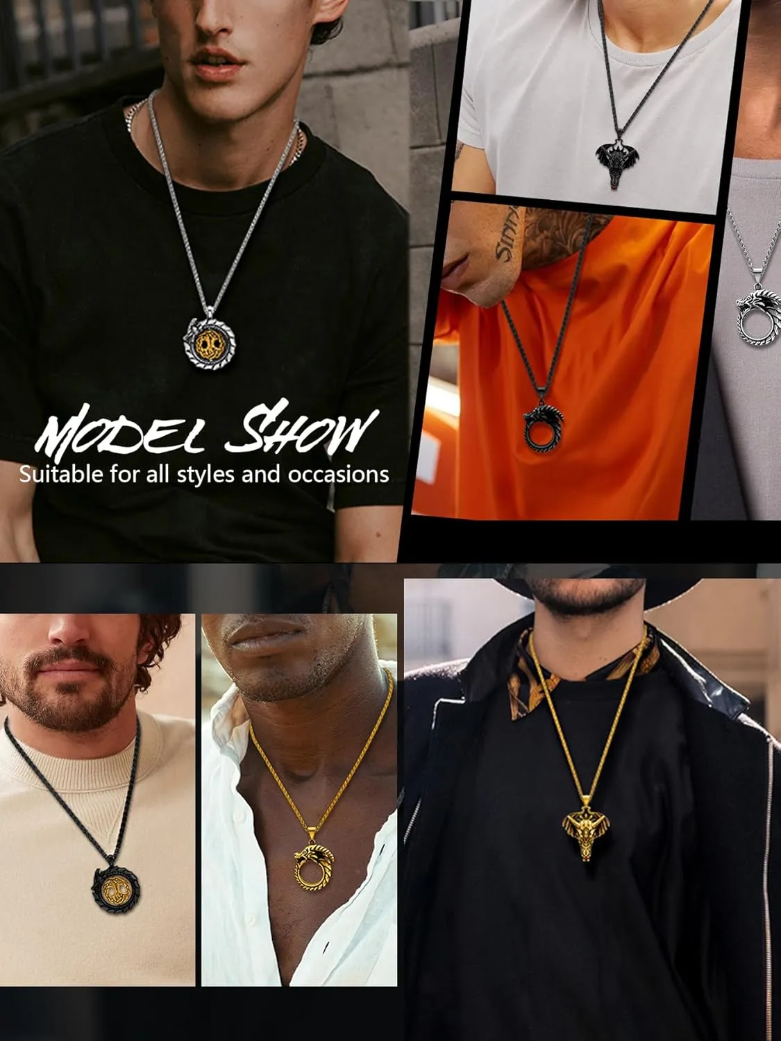Dragon Necklace 18K Gold Plated/Black Metal/Stainless Steel Norse Viking Dragon Pendant Necklace, Retro Viking Jewelry Gift for Men and Women with Gift Box