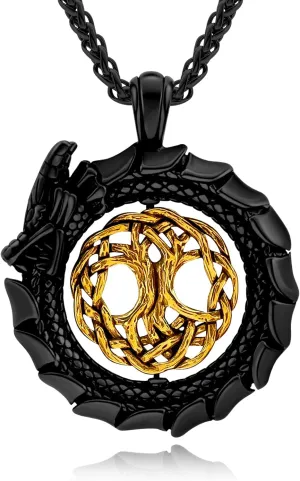 Dragon Necklace 18K Gold Plated/Black Metal/Stainless Steel Norse Viking Dragon Pendant Necklace, Retro Viking Jewelry Gift for Men and Women with Gift Box