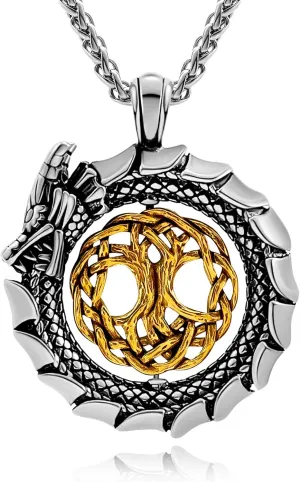 Dragon Necklace 18K Gold Plated/Black Metal/Stainless Steel Norse Viking Dragon Pendant Necklace, Retro Viking Jewelry Gift for Men and Women with Gift Box