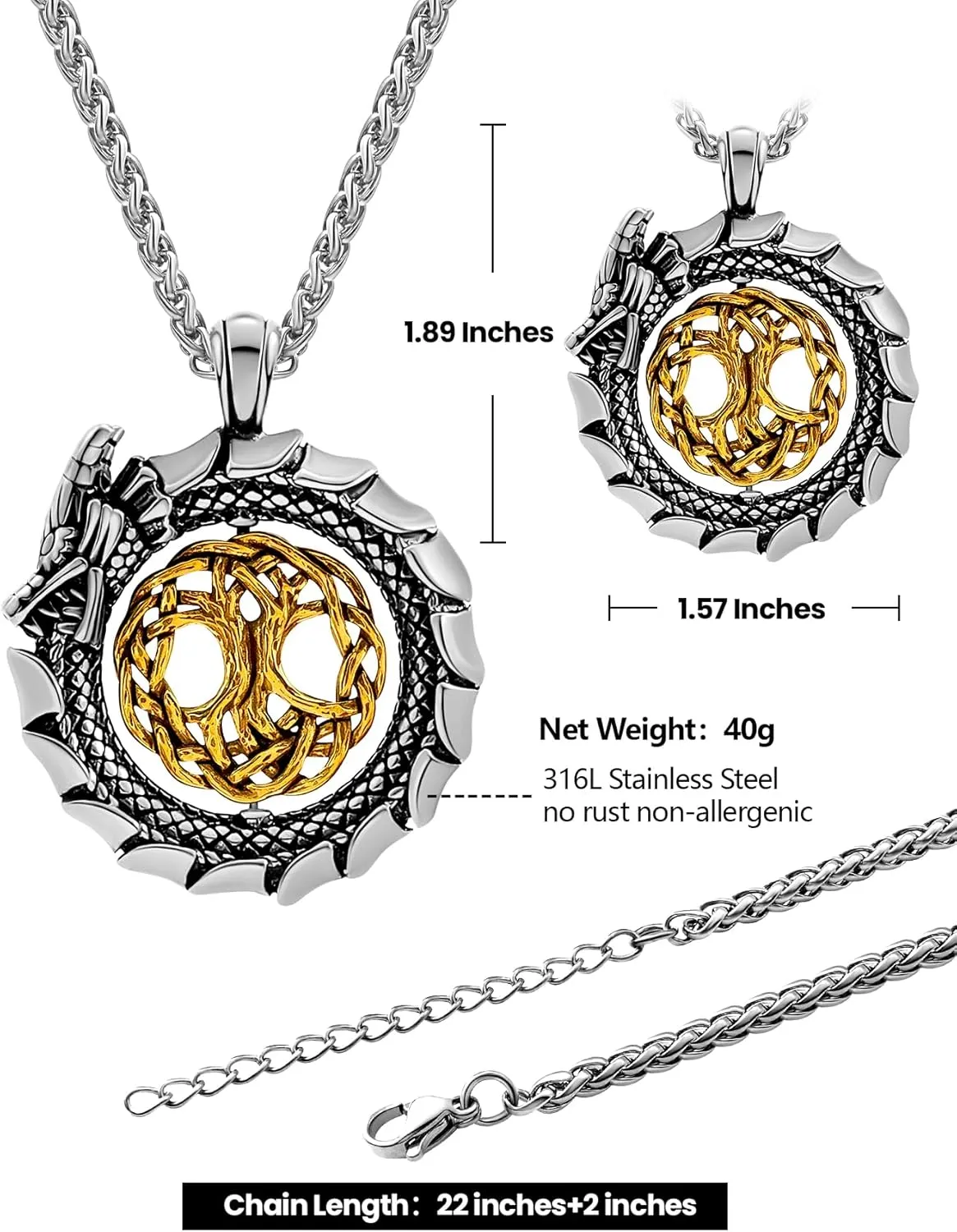 Dragon Necklace 18K Gold Plated/Black Metal/Stainless Steel Norse Viking Dragon Pendant Necklace, Retro Viking Jewelry Gift for Men and Women with Gift Box