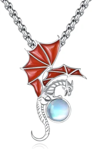 Dragon Necklace Sterling Silver Dragon Moonstone Pendant Animal Jewelry Gifts for Women Mens