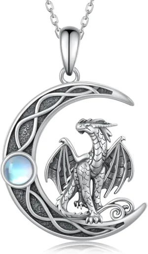 Dragon/Fairy Necklace 925 Sterling Silver Moonstone Crescent Moon Necklace Birthday Gifts for Women