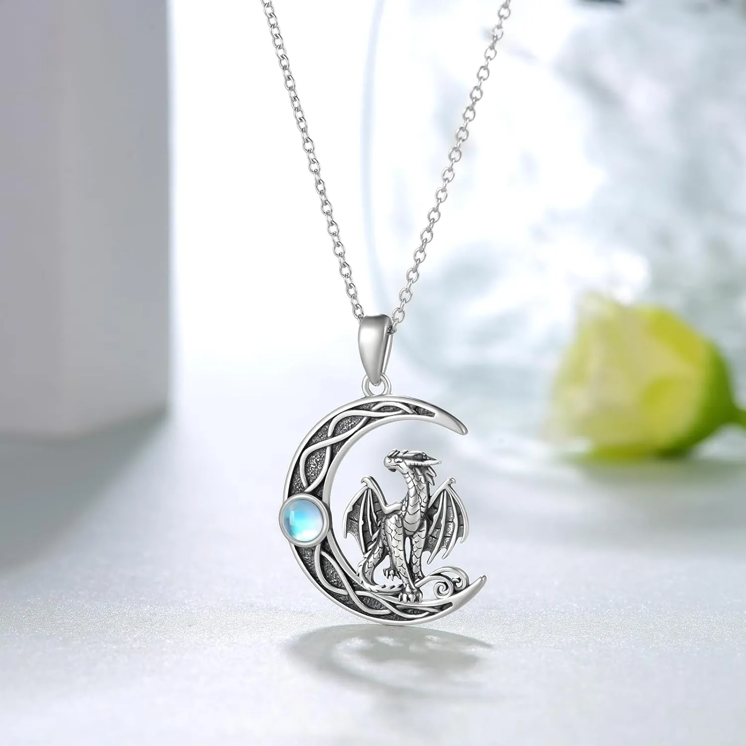 Dragon/Fairy Necklace 925 Sterling Silver Moonstone Crescent Moon Necklace Birthday Gifts for Women