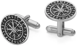 Dreamtimes Viking Runes Mythical Norse Vegvisir Cufflinks Stainless Steel Viking Compass Cuff Links Classic Engraved Viking Jewelry for Men Wedding Groom Gifts