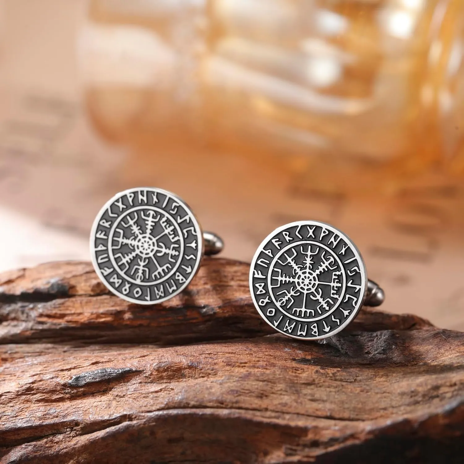 Dreamtimes Viking Runes Mythical Norse Vegvisir Cufflinks Stainless Steel Viking Compass Cuff Links Classic Engraved Viking Jewelry for Men Wedding Groom Gifts