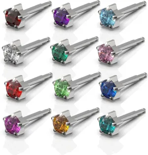 Ear Piercing Studs Stainless Steel Earrings Set Hypoallergenic Jewelry for Women Birthstones - 12 Pairs