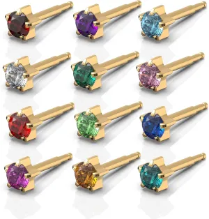 Ear Piercing Studs Stainless Steel Earrings Set Hypoallergenic Jewelry for Women Birthstones - 12 Pairs