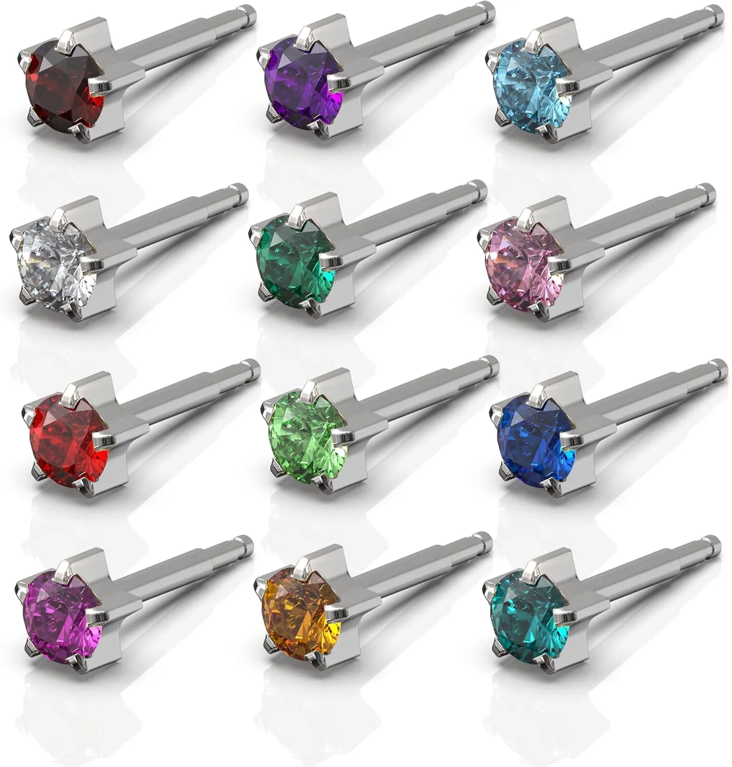 Ear Piercing Studs Stainless Steel Earrings Set Hypoallergenic Jewelry for Women Birthstones - 12 Pairs