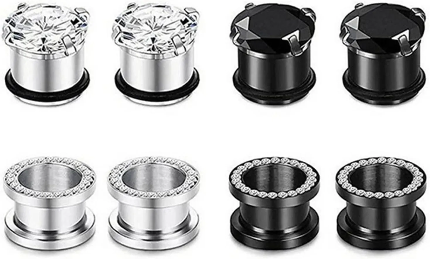 Ear Plugs, 8PCS Stainless Steel Tunnel Set Elegant Hoop Cubic Zirconia Ear Gauges 00G Piercing Jewelry