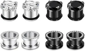 Ear Plugs, 8PCS Stainless Steel Tunnel Set Elegant Hoop Cubic Zirconia Ear Gauges 00G Piercing Jewelry