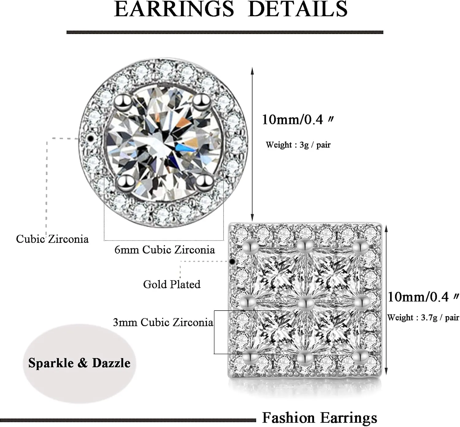 Earrings Studs for Men-Gold Plated Earrings Silver Stud Earrings Hypoallergenic Large Circle Square Cubic Zirconia Mens Earrings Set