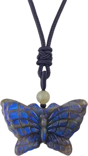 EDEN'S CALL Natural Crystal Stone Pendant Necklace Adjustable Black Cord Carved Quartz Butterfly Necklace