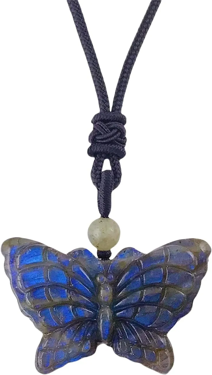 EDEN'S CALL Natural Crystal Stone Pendant Necklace Adjustable Black Cord Carved Quartz Butterfly Necklace