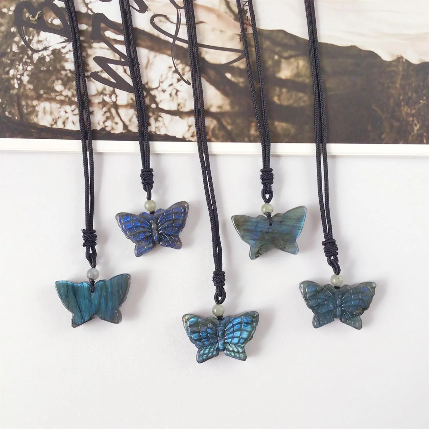 EDEN'S CALL Natural Crystal Stone Pendant Necklace Adjustable Black Cord Carved Quartz Butterfly Necklace