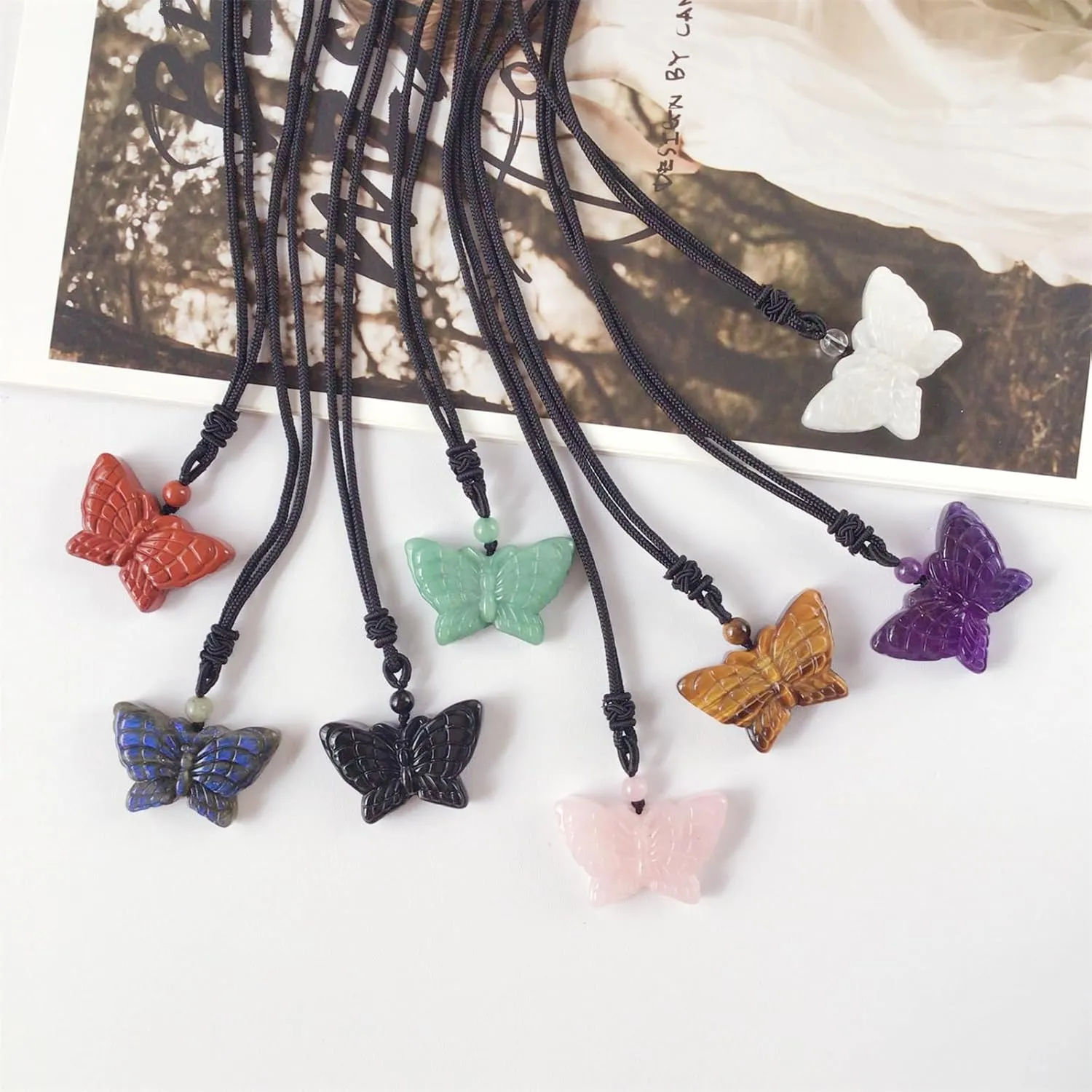 EDEN'S CALL Natural Crystal Stone Pendant Necklace Adjustable Black Cord Carved Quartz Butterfly Necklace