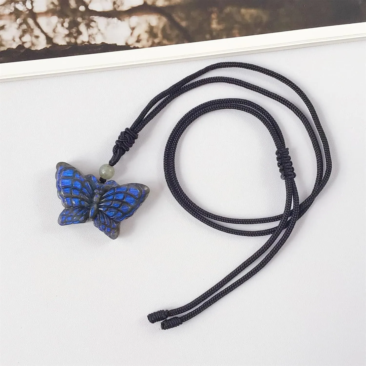 EDEN'S CALL Natural Crystal Stone Pendant Necklace Adjustable Black Cord Carved Quartz Butterfly Necklace
