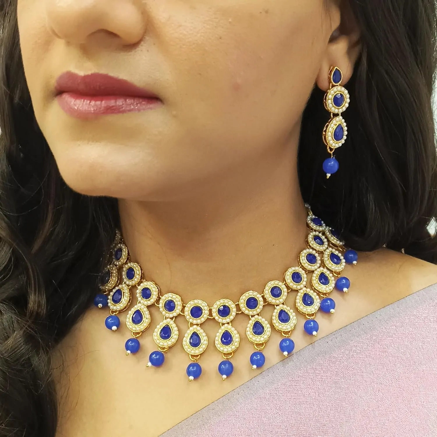 Efulgenz Crystal Indian Jewelry Choker Kundan Crystal Faux Pearl Necklace Earrings Maang Tikka Head Chain Bollywood Wedding Bridal Set for Women