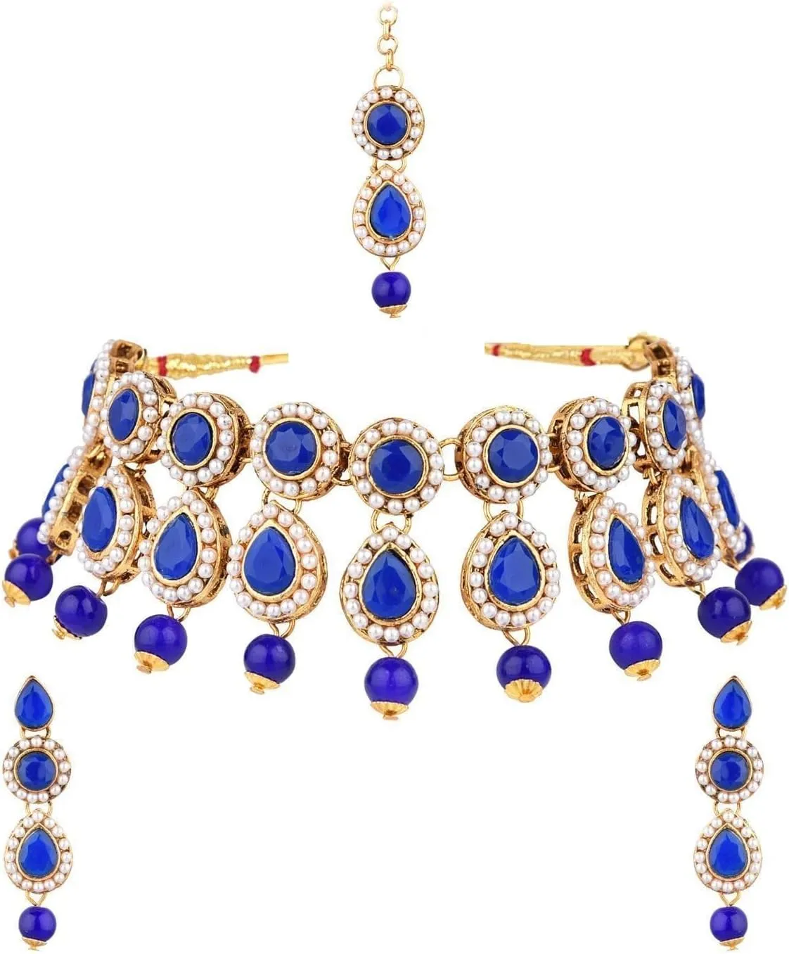 Efulgenz Crystal Indian Jewelry Choker Kundan Crystal Faux Pearl Necklace Earrings Maang Tikka Head Chain Bollywood Wedding Bridal Set for Women
