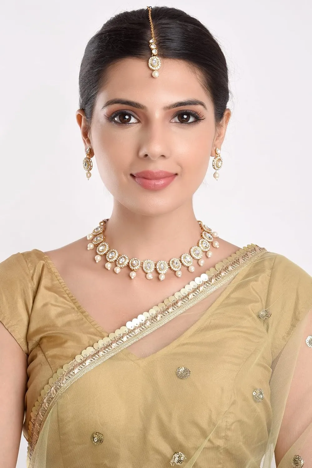 Efulgenz Crystal Indian Jewelry Choker Kundan Crystal Faux Pearl Necklace Earrings Maang Tikka Head Chain Bollywood Wedding Bridal Set for Women