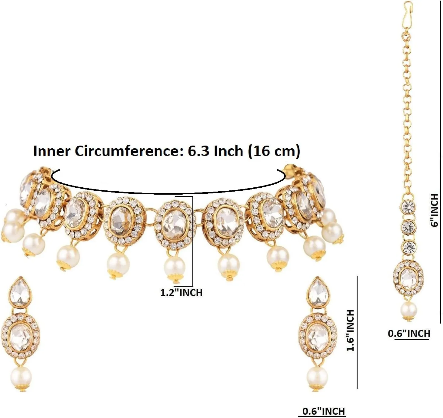 Efulgenz Crystal Indian Jewelry Choker Kundan Crystal Faux Pearl Necklace Earrings Maang Tikka Head Chain Bollywood Wedding Bridal Set for Women