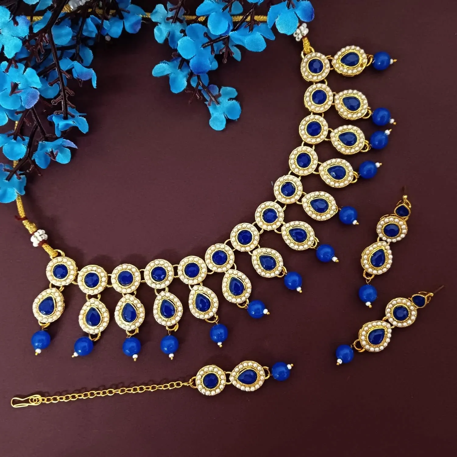 Efulgenz Crystal Indian Jewelry Choker Kundan Crystal Faux Pearl Necklace Earrings Maang Tikka Head Chain Bollywood Wedding Bridal Set for Women