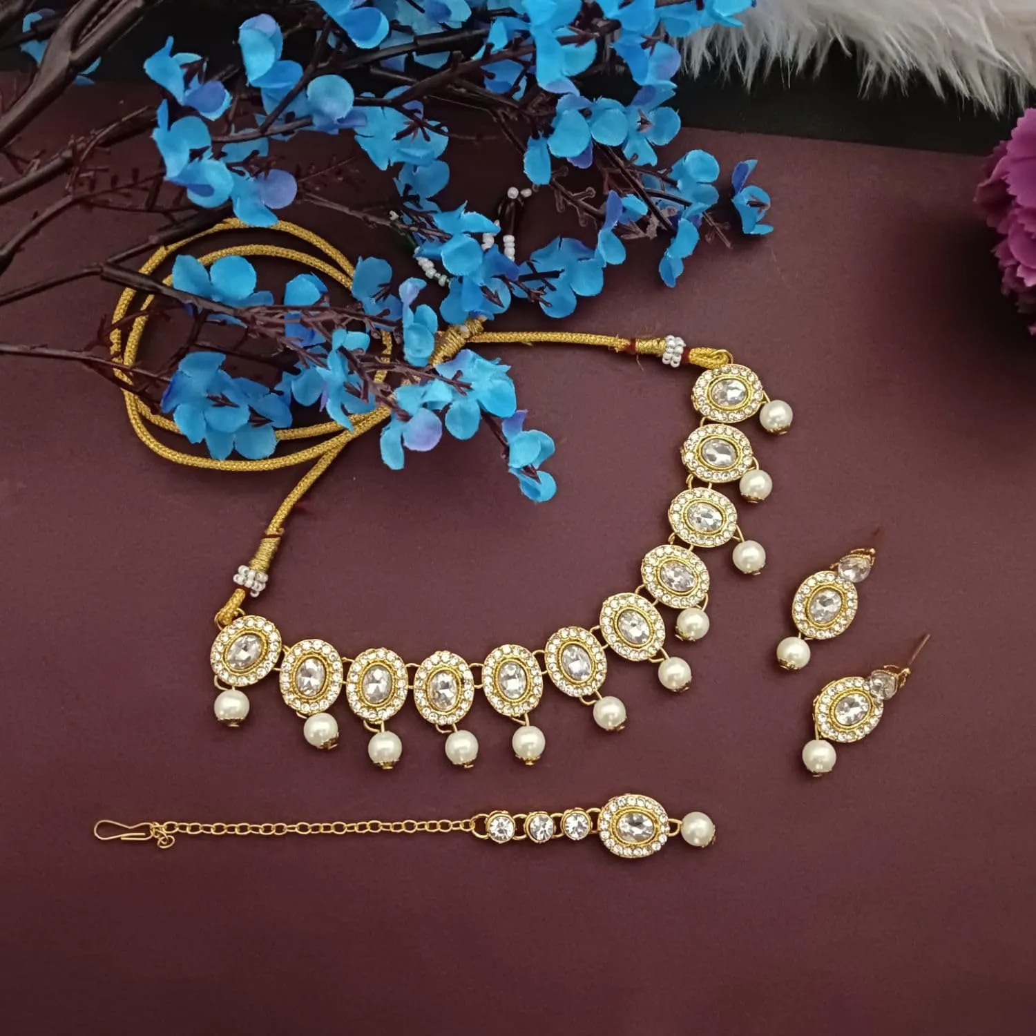 Efulgenz Crystal Indian Jewelry Choker Kundan Crystal Faux Pearl Necklace Earrings Maang Tikka Head Chain Bollywood Wedding Bridal Set for Women