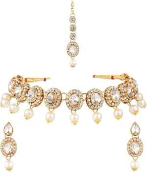 Efulgenz Crystal Indian Jewelry Choker Kundan Crystal Faux Pearl Necklace Earrings Maang Tikka Head Chain Bollywood Wedding Bridal Set for Women