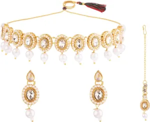 Efulgenz Crystal Kundan Choker Sets for Women Indian Jewelry Crystal Faux Pearl Beads Necklace Earrings Maang Tikka Head Chain Bollywood Wedding Bridal Set Jewellery