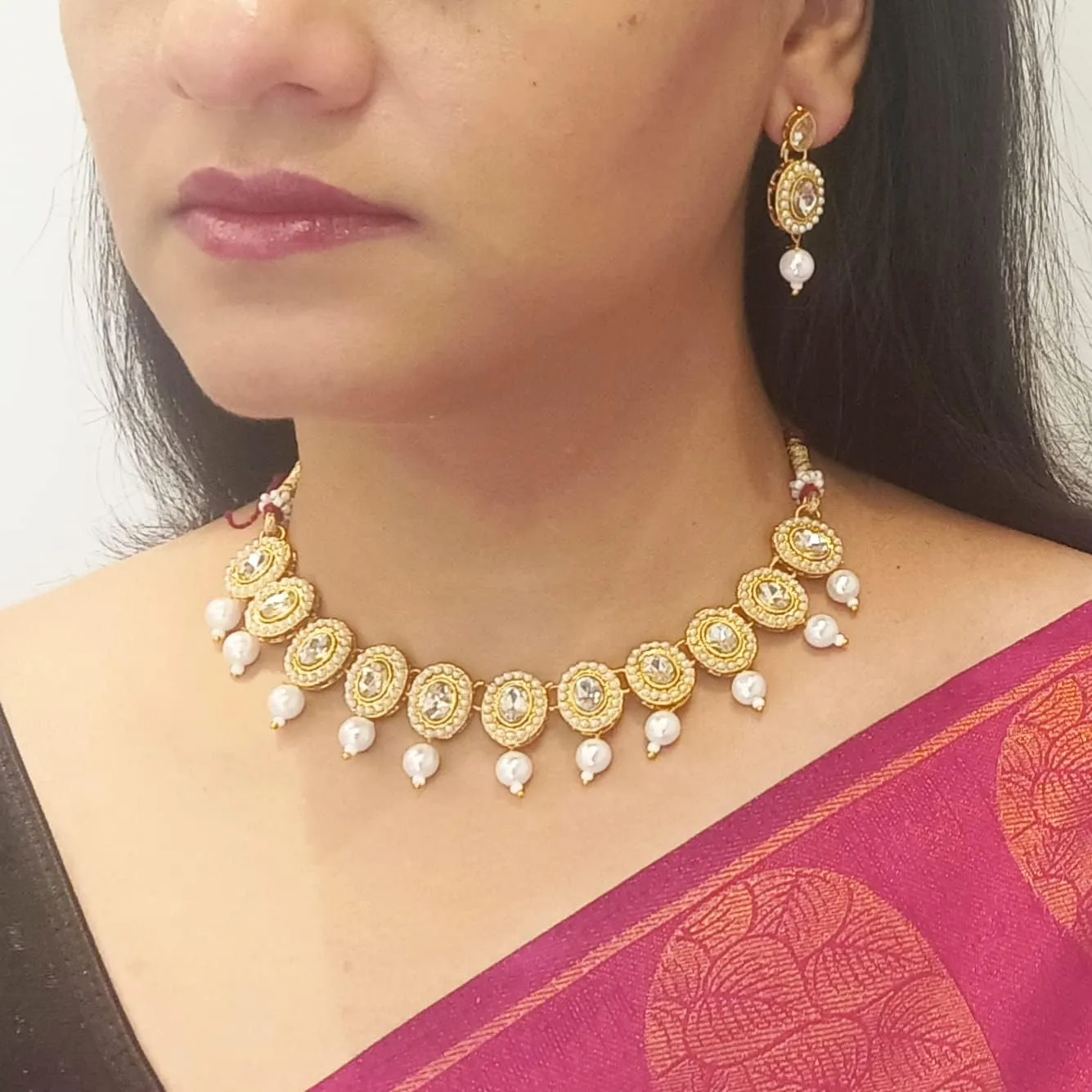 Efulgenz Crystal Kundan Choker Sets for Women Indian Jewelry Crystal Faux Pearl Beads Necklace Earrings Maang Tikka Head Chain Bollywood Wedding Bridal Set Jewellery