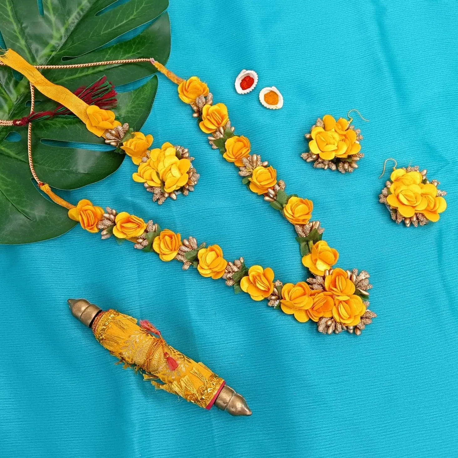 Efulgenz Indian Flower Haldi Jewelry Set - Handmade Long Necklace, Earrings, Maangtikka for Wedding, Haldi, Mehandi - Fashion Costume Set for Women
