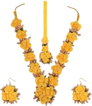 Efulgenz Indian Flower Haldi Jewelry Set - Handmade Long Necklace, Earrings, Maangtikka for Wedding, Haldi, Mehandi - Fashion Costume Set for Women