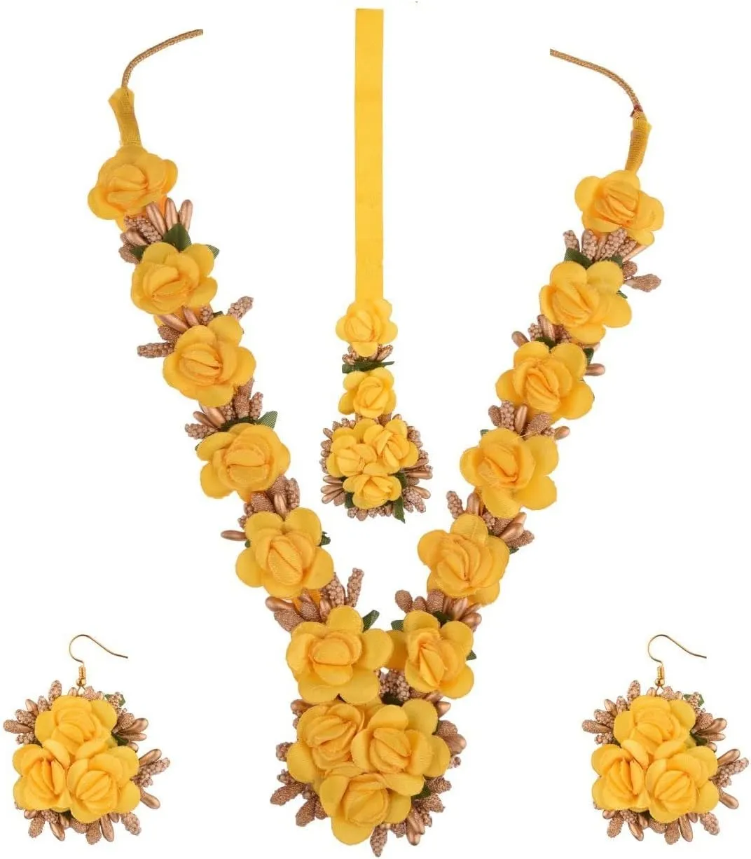 Efulgenz Indian Flower Haldi Jewelry Set - Handmade Long Necklace, Earrings, Maangtikka for Wedding, Haldi, Mehandi - Fashion Costume Set for Women