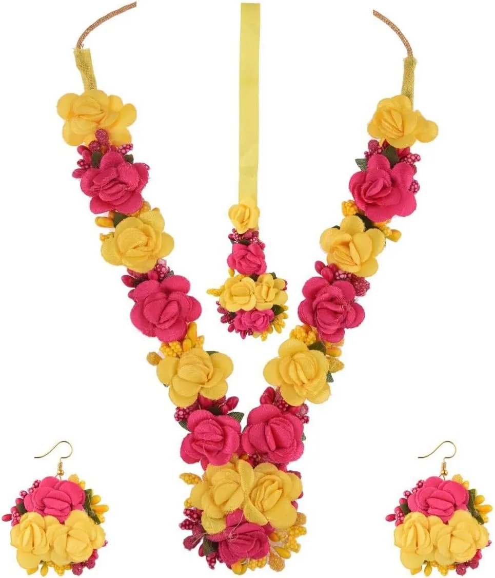 Efulgenz Indian Flower Haldi Jewelry Set - Handmade Long Necklace, Earrings, Maangtikka for Wedding, Haldi, Mehandi - Fashion Costume Set for Women