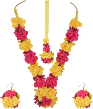 Efulgenz Indian Flower Haldi Jewelry Set - Handmade Long Necklace, Earrings, Maangtikka for Wedding, Haldi, Mehandi - Fashion Costume Set for Women