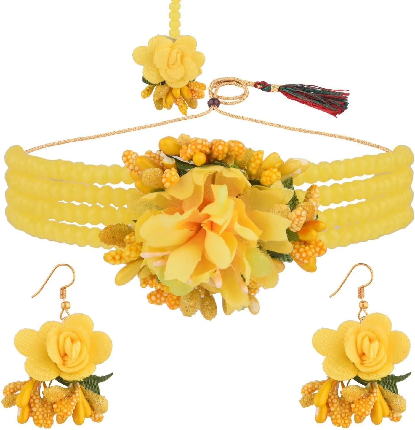 Efulgenz Indian Haldi Jewelry Set Beaded Faux Pearl Flower Jewelry Set Choker Necklace Earrings Maang Tikka Floral Handmade Jewelry for Women Wedding Bridal Haldi Mehandi Jewelry