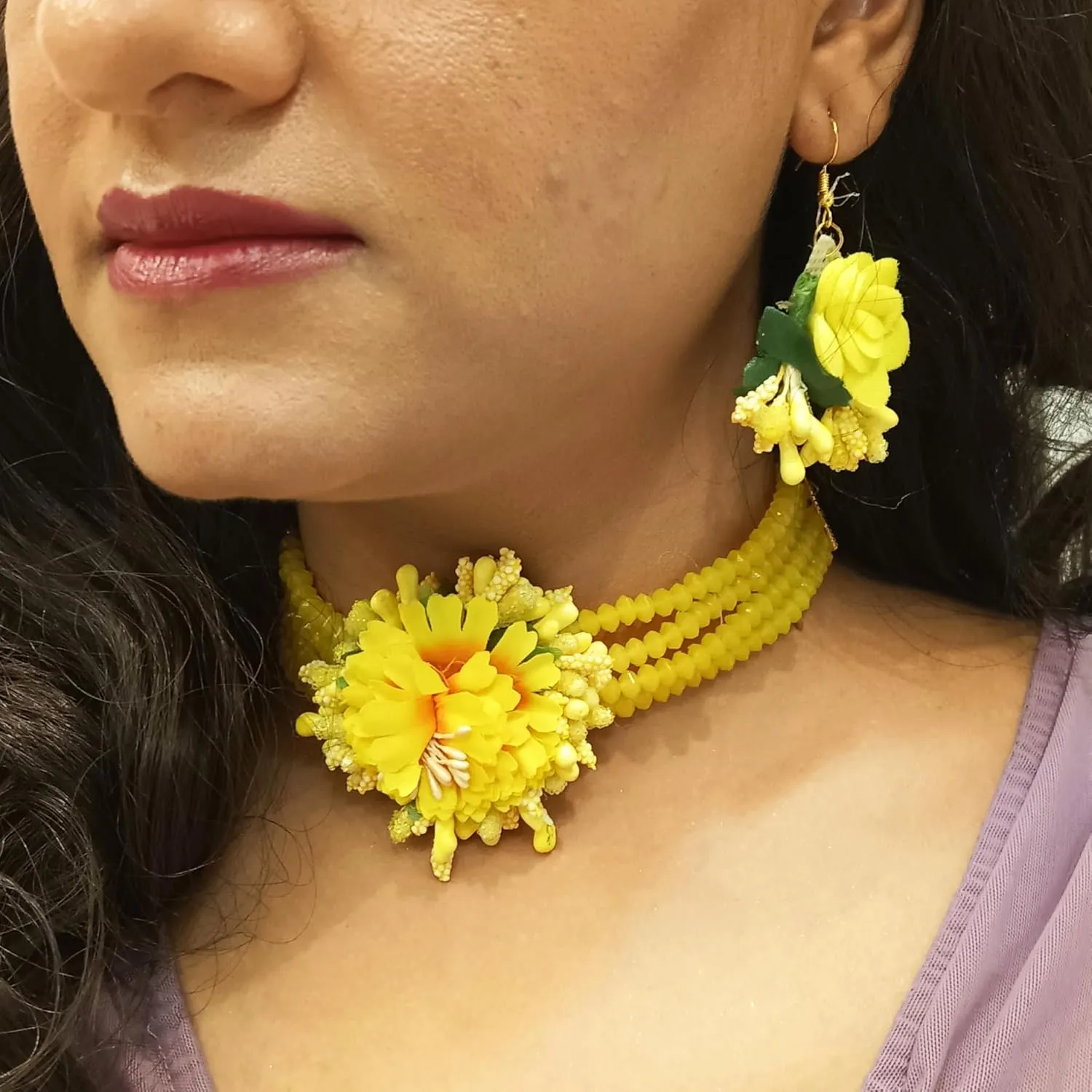 Efulgenz Indian Haldi Jewelry Set Beaded Faux Pearl Flower Jewelry Set Choker Necklace Earrings Maang Tikka Floral Handmade Jewelry for Women Wedding Bridal Haldi Mehandi Jewelry