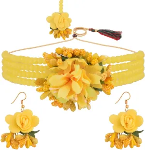 Efulgenz Indian Haldi Jewelry Set Beaded Faux Pearl Flower Jewelry Set Choker Necklace Earrings Maang Tikka Floral Handmade Jewelry for Women Wedding Bridal Haldi Mehandi Jewelry