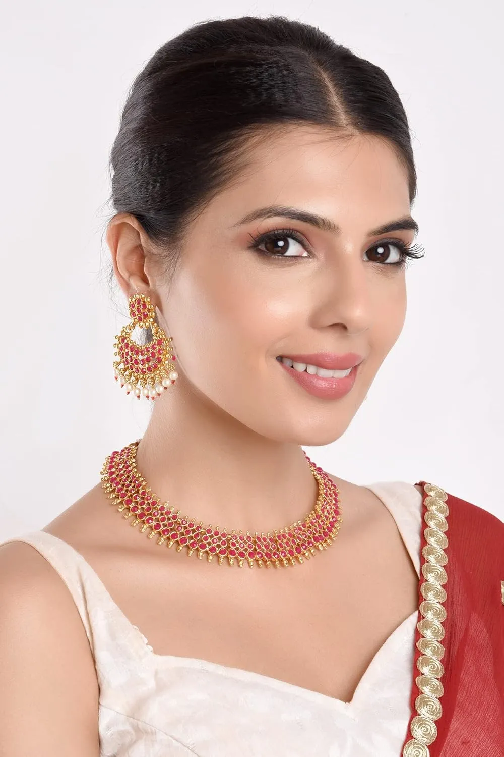 Efulgenz Indian Jewelry Sets for Women Beaded Bollywood Jewelry Faux Pearl Choker Necklace Traditional Crystal Choker Necklace Earrings Wedding Jewelry Sets for Women