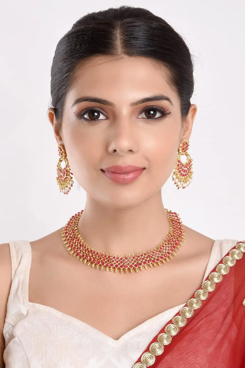 Efulgenz Indian Jewelry Sets for Women Beaded Bollywood Jewelry Faux Pearl Choker Necklace Traditional Crystal Choker Necklace Earrings Wedding Jewelry Sets for Women