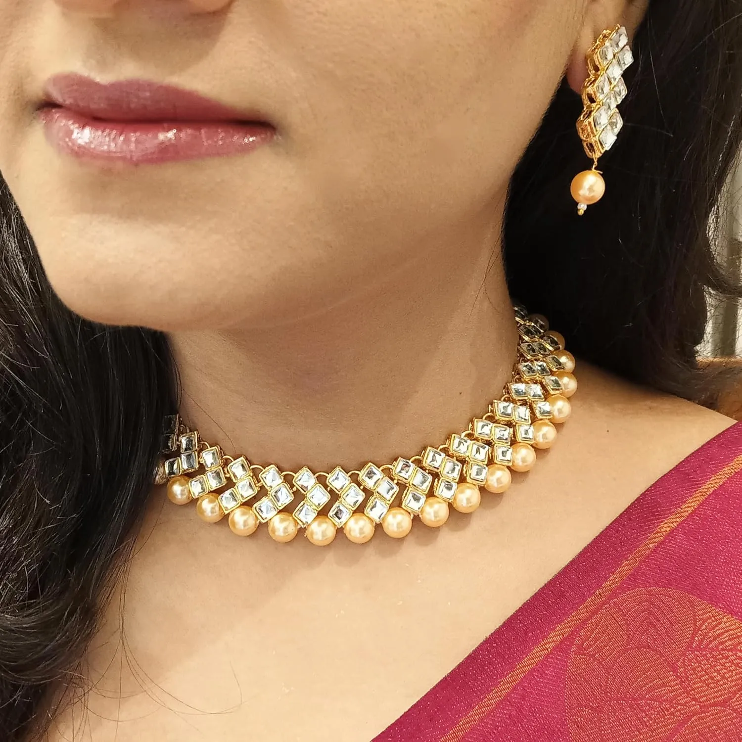 Efulgenz Indian Jewelry Sets for Women Crystal Choker Faux Pearl Kundan Crystal Necklace Dangle Earrings Set Bollywood Wedding Choker Necklace for Women